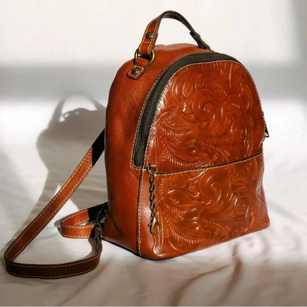 Patricia Nash Floral Embossed Tan Leather Backpack - Picture 1 of 6